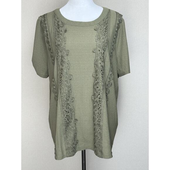 Perch By Blu Pepper Green Floral Embroidered & Lace Blouse Short Sleeve Plus 2XL - Picture 1 of 13